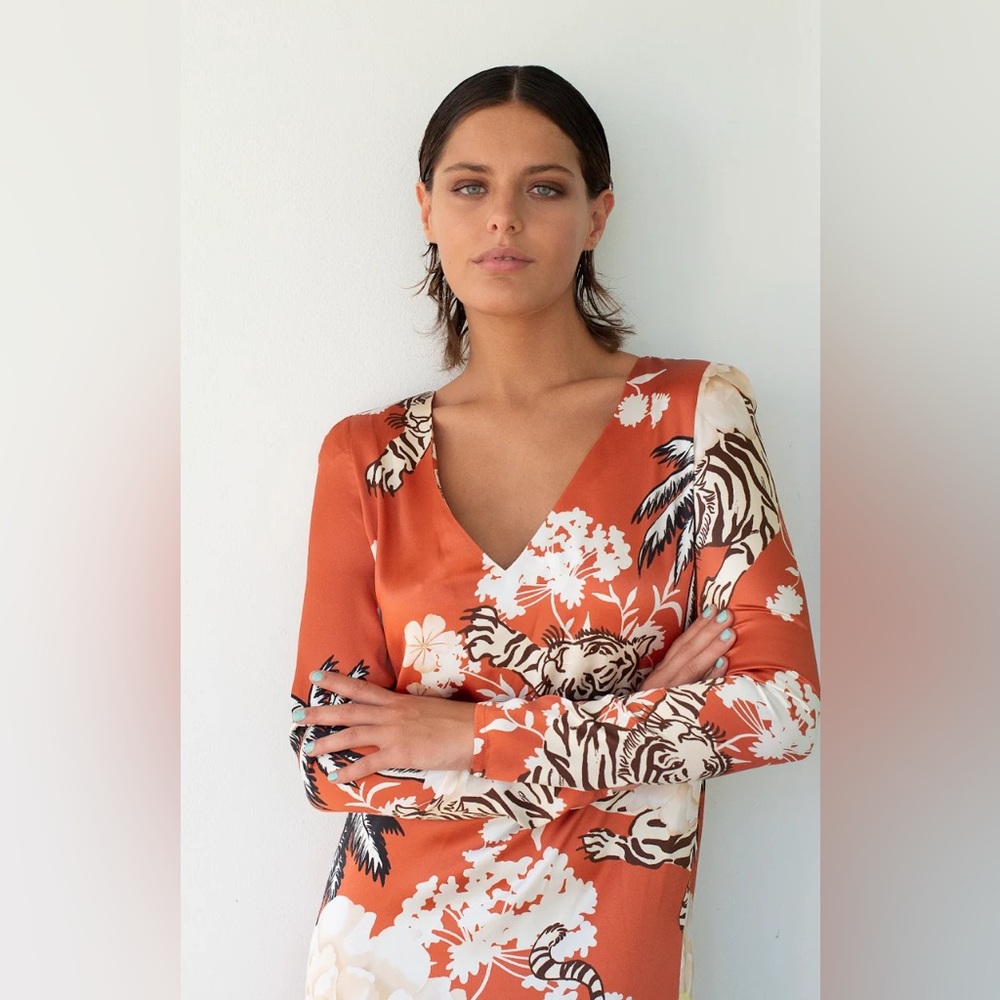 LAS SURENAS Tiger Romantic Silk Maxi Dress In Brick